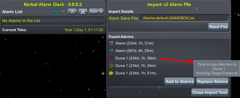 List of alarms from file